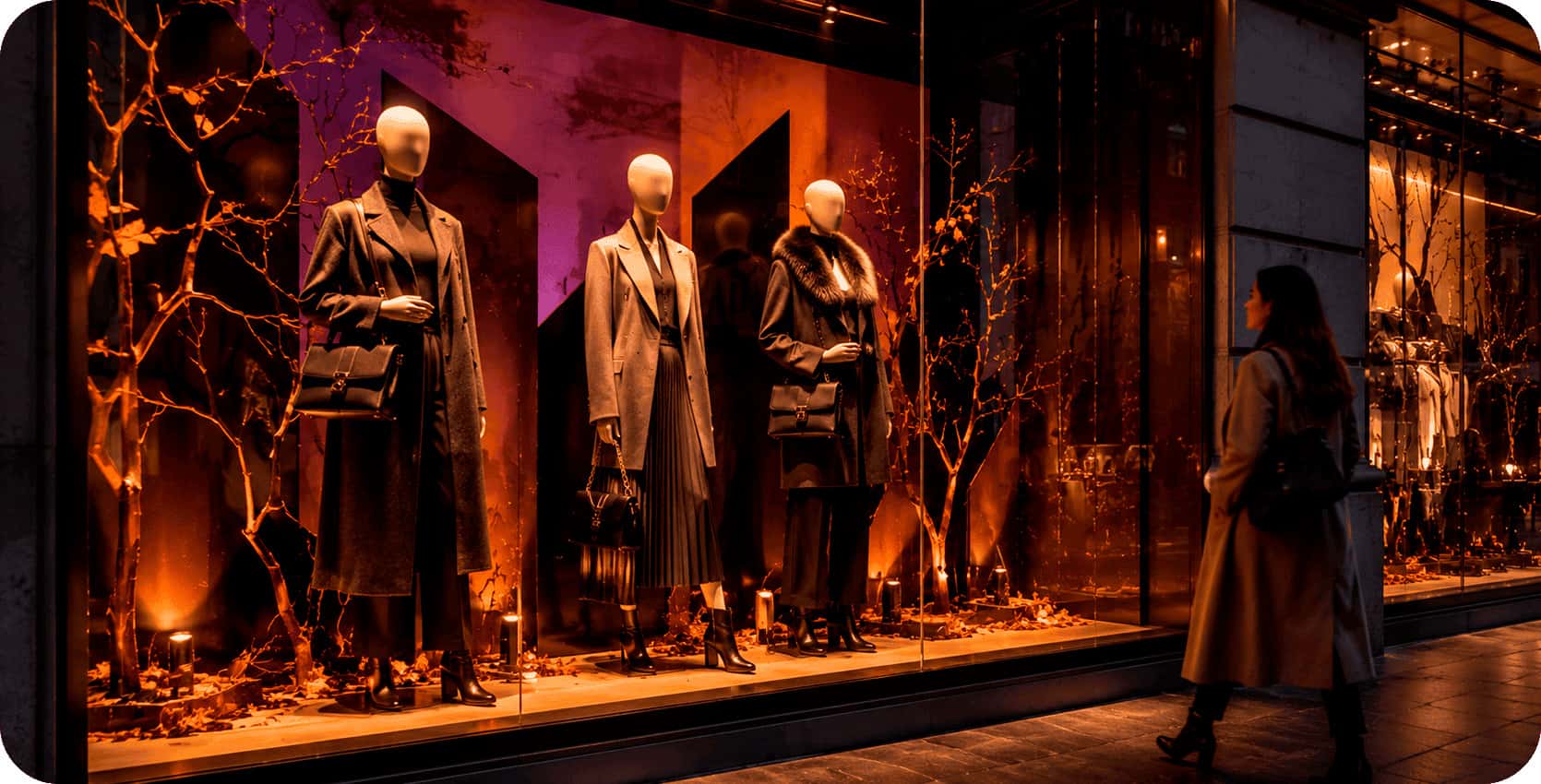 Escaparate de moda de lujo con maniquíes y decoración elegante de Halloween, un ejemplo de cómo aplicar estrategias de comunicación visual en campañas estacionales.